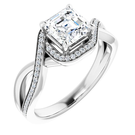 10K White Gold Customizable Bypass-Halo-Accented Asscher Cut Center with Twisting Split Shared Prong Band