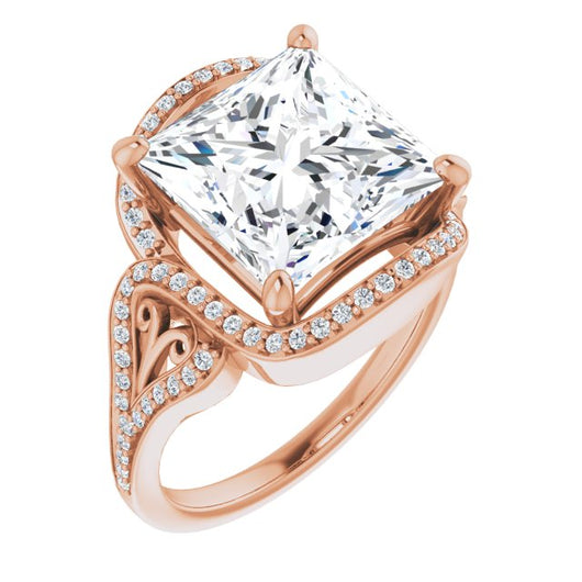 10K Rose Gold Customizable Princess/Square Cut Design with Bypass Halo and Split-Shared Prong Band