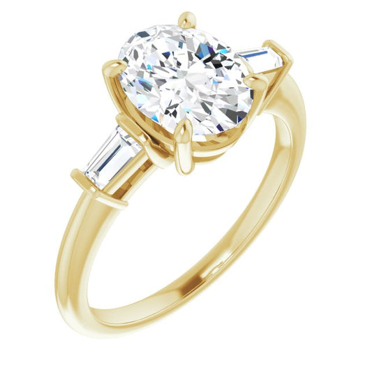 10K Yellow Gold Customizable 3-stone Oval Cut Design with Dual Baguette Accents)