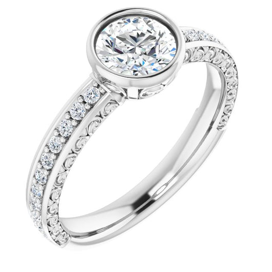 10K White Gold Customizable Bezel-set Round Cut Design with Cloud-pattern Band & Semi-Eternity Accents