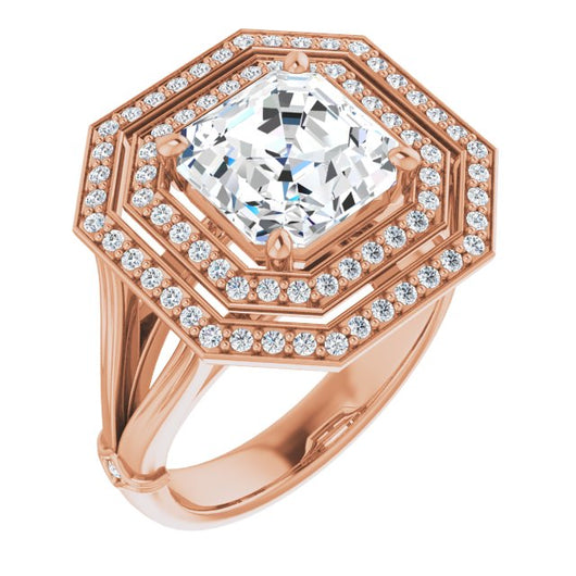 10K Rose Gold Customizable Cathedral-set Asscher Cut Design with Double Halo, Wide Split Band and Side Knuckle Accents