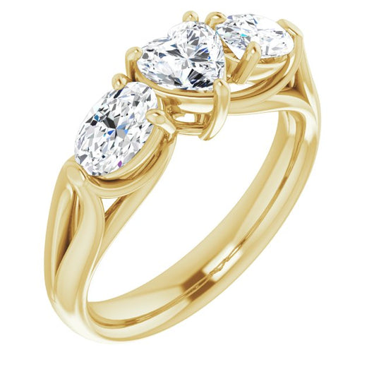 10K Yellow Gold Customizable Cathedral-set 3-stone Heart Cut Style with Dual Oval Cut Accents & Wide Split Band