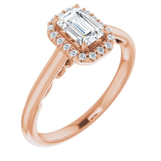 10K Rose Gold Customizable Cathedral-Halo Emerald/Radiant Cut Style featuring Sculptural Trellis