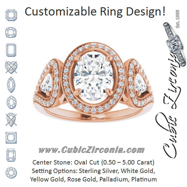 Cubic Zirconia Engagement Ring- The Cordelia (Customizable Cathedral-set Oval Cut Design with 2 Trillion Cut Accents, Halo and Split-Shared Prong Band)