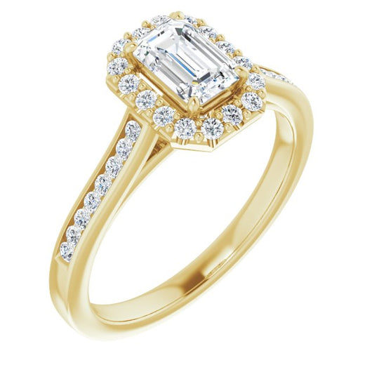 10K Yellow Gold Customizable Emerald/Radiant Cut Design with Halo, Round Channel Band and Floating Peekaboo Accents