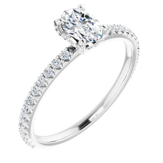 10K White Gold Customizable Oval Cut Design with Round-Accented Band, Micropav? Under-Halo and Decorative Prong Accents)