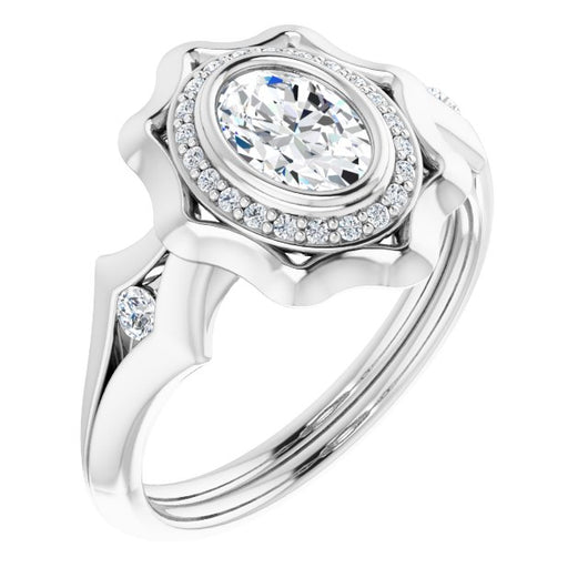 10K White Gold Customizable Bezel-set Oval Cut with Halo & Oversized Floral Design