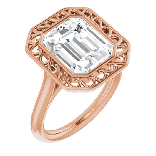 10K Rose Gold Customizable Cathedral-Bezel Style Emerald/Radiant Cut Solitaire with Flowery Filigree