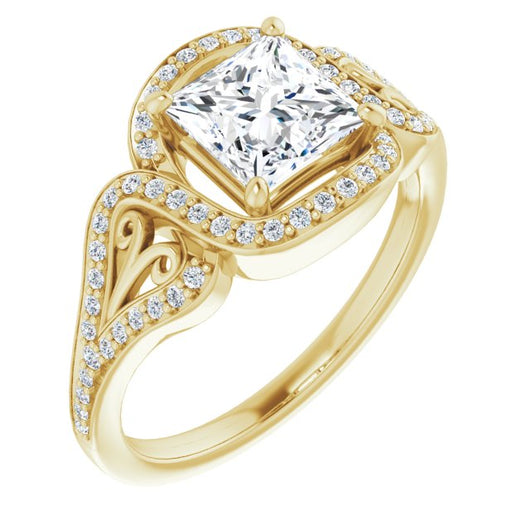 10K Yellow Gold Customizable Princess/Square Cut Design with Bypass Halo and Split-Shared Prong Band