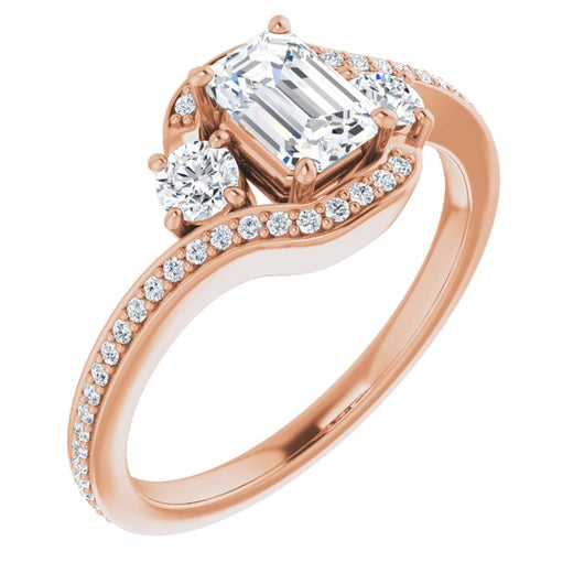 10K Rose Gold Customizable Emerald/Radiant Cut Bypass Design with Semi-Halo and Accented Band