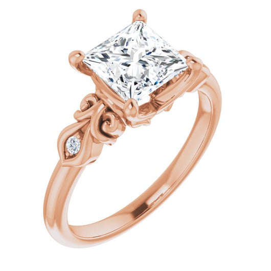 10K Rose Gold Customizable 3-stone Princess/Square Cut Design with Small Round Accents and Filigree