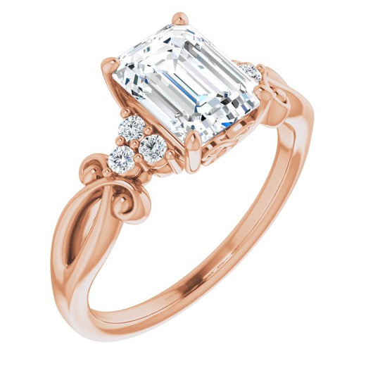 10K Rose Gold Customizable 7-stone Emerald/Radiant Cut Design with Tri-Cluster Accents and Teardrop Fleur-de-lis Motif