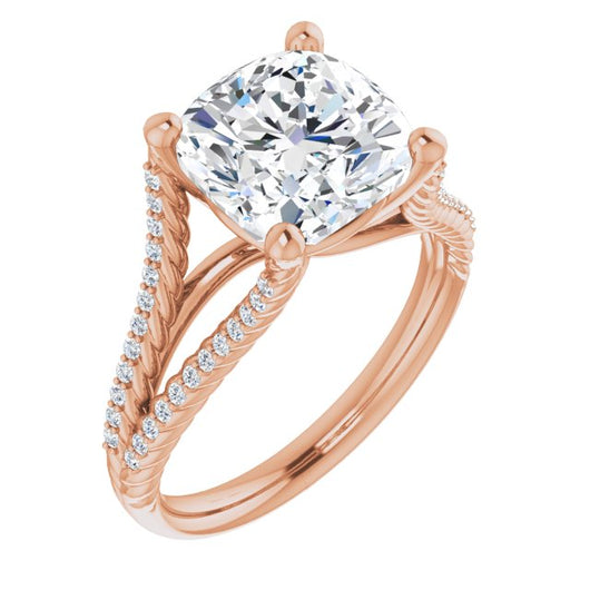 10K Rose Gold Customizable Cushion Cut Style with Split Band and Rope-Pavé