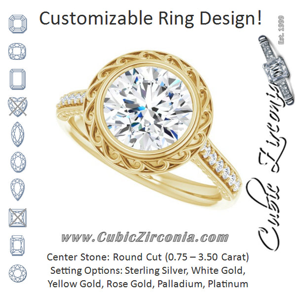 Cubic Zirconia Engagement Ring- The Itzayana (Customizable Cathedral-Bezel Round Cut Design featuring Accented Band with Filigree Inlay)