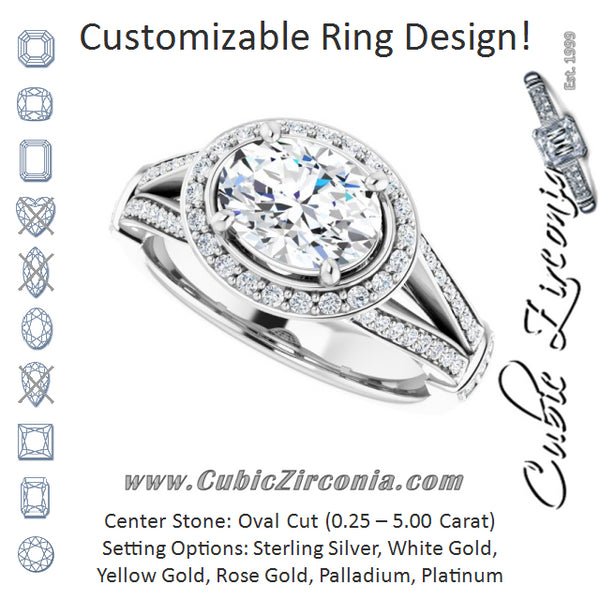 Cubic Zirconia Engagement Ring- The Cecelia (Customizable Oval Cut Horizontal Setting with Halo, Under-Halo Trellis Accents and Accented Split Band)