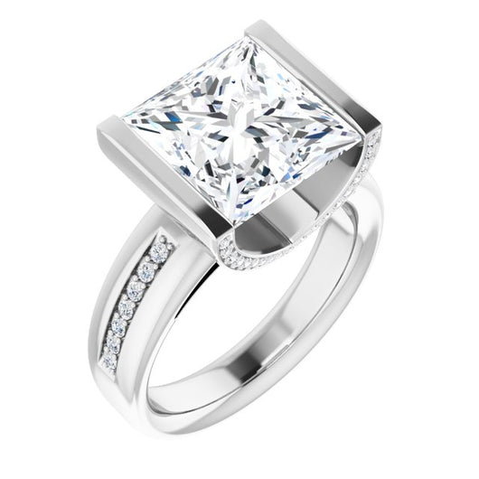 10K White Gold Customizable Cathedral-Bar Princess/Square Cut Design featuring Shared Prong Band and Prong Accents