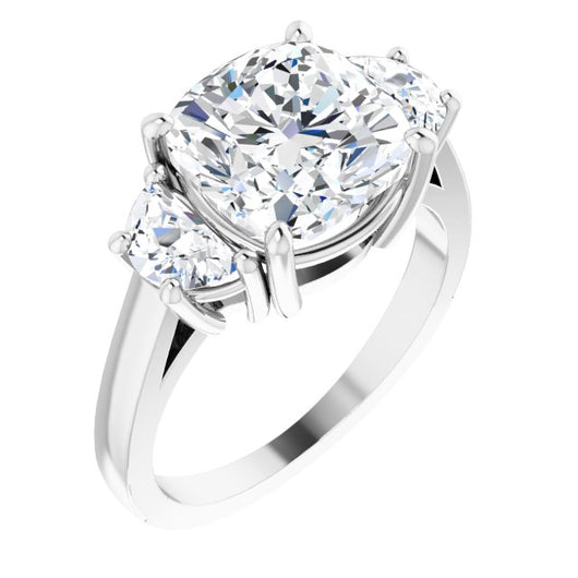 10K White Gold Customizable 3-stone Design with Cushion Cut Center and Half-moon Side Stones