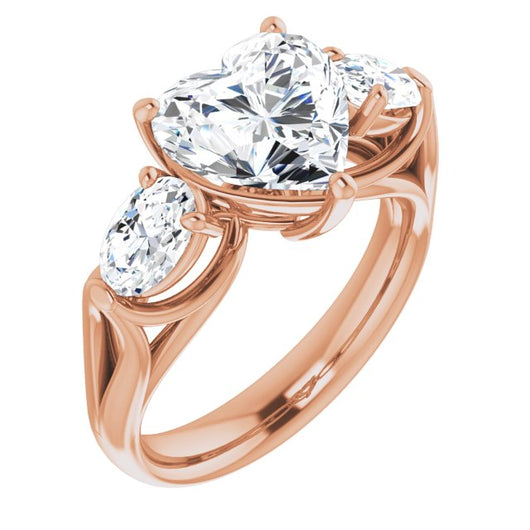 10K Rose Gold Customizable Cathedral-set 3-stone Heart Cut Style with Dual Oval Cut Accents & Wide Split Band