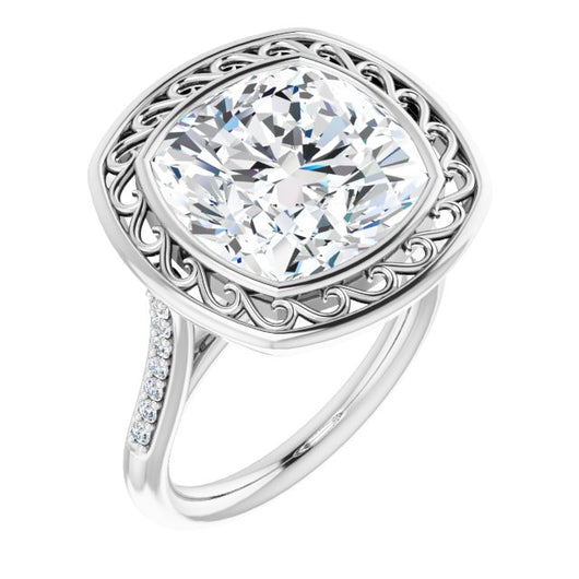 10K White Gold Customizable Cathedral-Bezel Cushion Cut Design with Floral Filigree and Thin Shared Prong Band