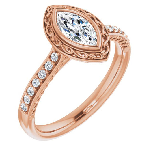 10K Rose Gold Customizable Cathedral-Bezel Marquise Cut Design featuring Accented Band with Filigree Inlay