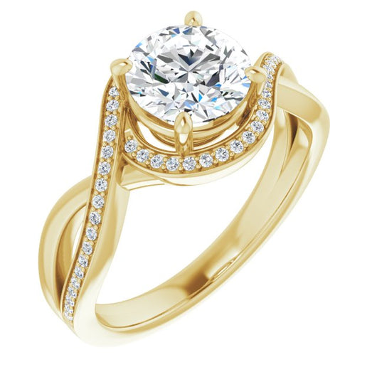 10K Yellow Gold Customizable Bypass-Halo-Accented Round Cut Center with Twisting Split Shared Prong Band