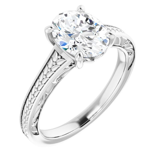 10K White Gold Customizable Oval Cut Solitaire with Organic Textured Band and Decorative Prong Basket