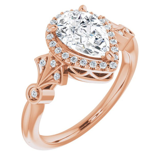 10K Rose Gold Customizable Cathedral-Crown Pear Cut Design with Halo and Scalloped Side Stones