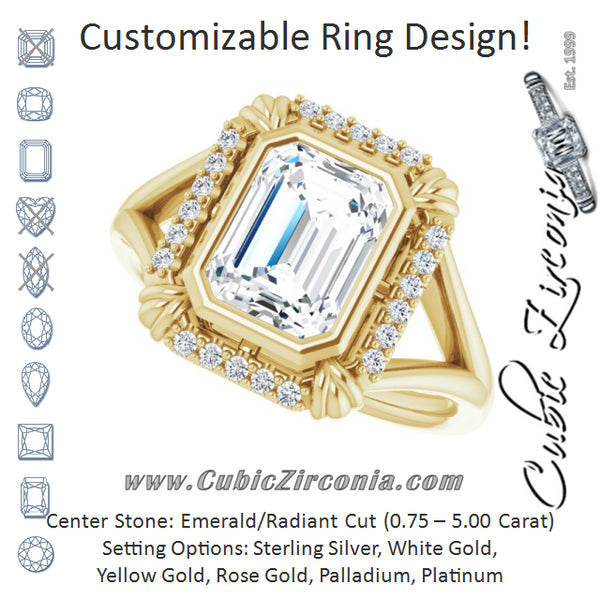 Cubic Zirconia Engagement Ring- The Leontine (Customizable Emerald Cut Design with Split Band and "Lion's Mane" Halo)