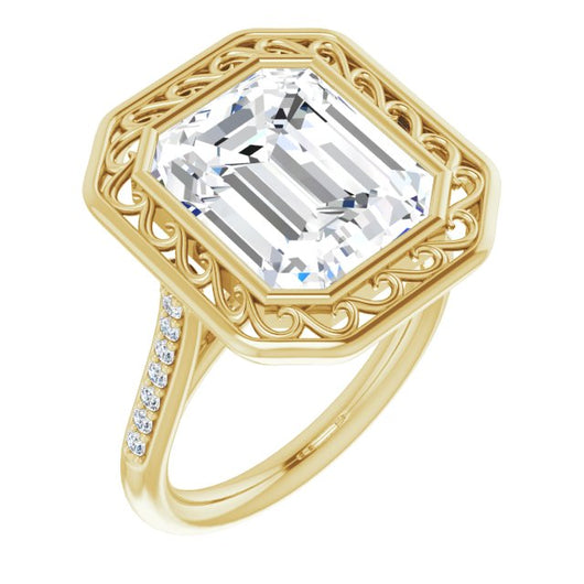 10K Yellow Gold Customizable Cathedral-Bezel Emerald/Radiant Cut Design with Floral Filigree and Thin Shared Prong Band