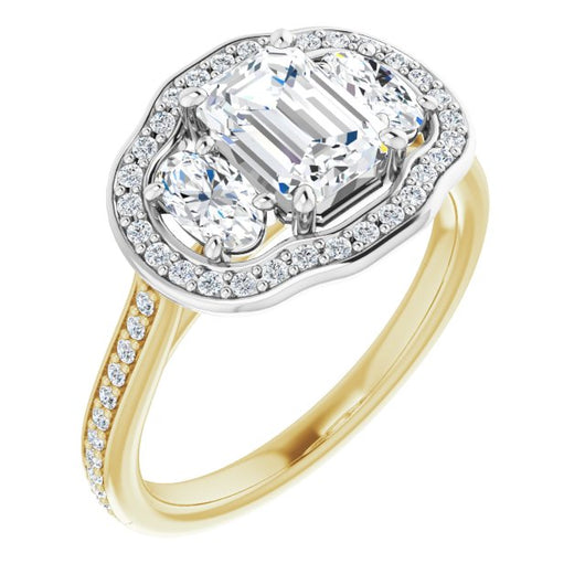 14K Yellow & White Gold Customizable Emerald/Radiant Cut Style with Oval Cut Accents, 3-stone Halo & Thin Shared Prong Band