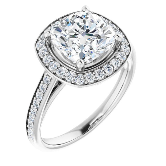 10K White Gold Customizable Cathedral-raised Cushion Cut Halo-and-Accented Band Design