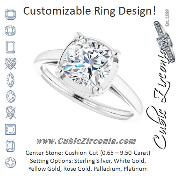 Cubic Zirconia Engagement Ring- The Romina Salomé (Customizable Super-Cathedral Cushion Cut Design with Hidden-stone Under-halo Trellis)