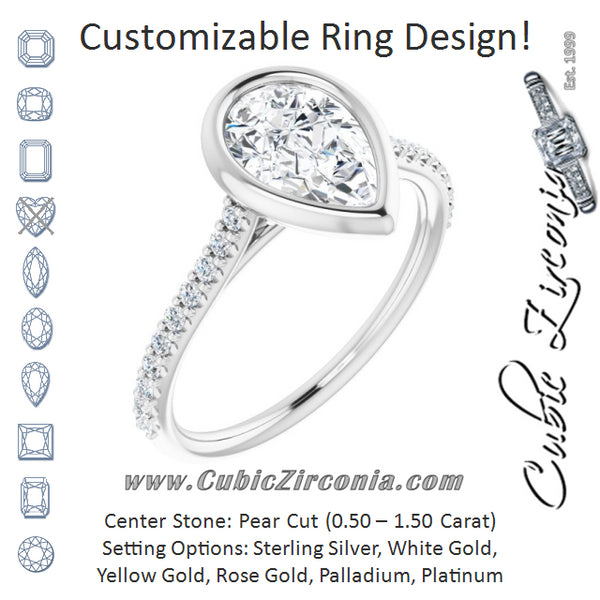 Cubic Zirconia Engagement Ring- The Careena (Customizable Bezel-set Pear Cut Style with Ultra-thin Pavé-Accented Band)