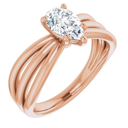 10K Rose Gold Customizable Pear Cut Solitaire Design with Wide, Ribboned Split-band