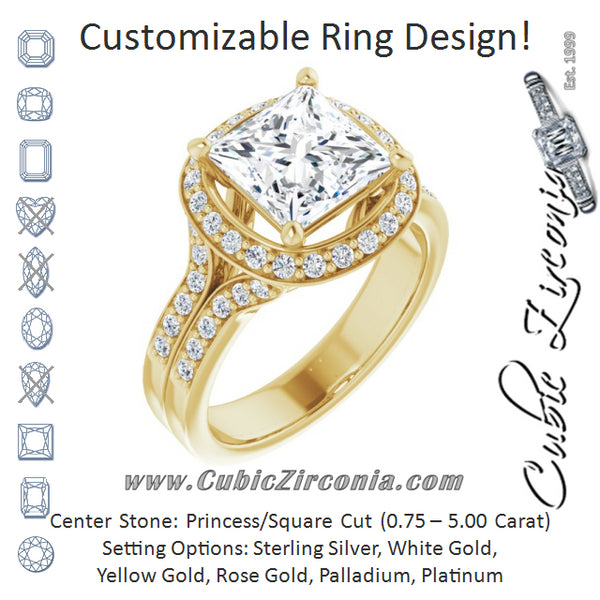 Cubic Zirconia Engagement Ring- The Ginny Lynn (Customizable Princess/Square Cut Halo Style with Accented Split-Band)