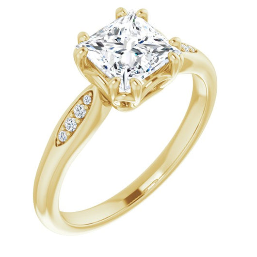 10K Yellow Gold Customizable 9-stone Princess/Square Cut Design with 8-prong Decorative Basket & Round Cut Side Stones