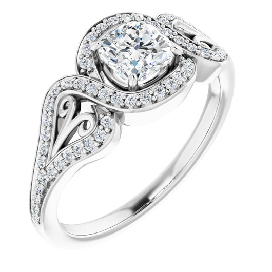 10K White Gold Customizable Cushion Cut Design with Bypass Halo and Split-Shared Prong Band