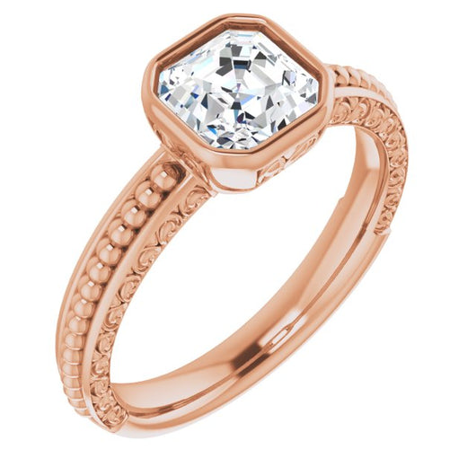 10K Rose Gold Customizable Bezel-set Asscher Cut Solitaire with Beaded and Carved Three-sided Band