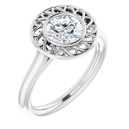 10K White Gold Customizable Cathedral-Bezel Style Round Cut Solitaire with Flowery Filigree