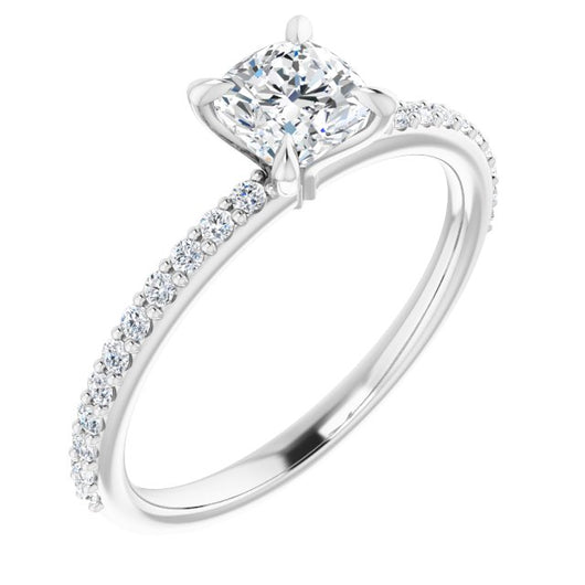 10K White Gold Customizable Cushion Cut Style with Delicate Pavé Band