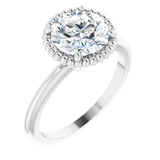 10K White Gold Customizable Round Cut Solitaire with Beaded Metallic Milgrain