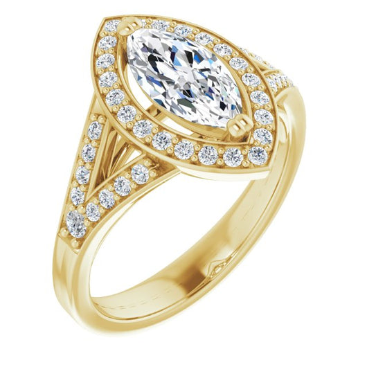 10K Yellow Gold Customizable Cathedral-set Marquise Cut Style with Accented Split Band and Halo