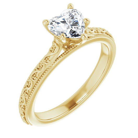 10K Yellow Gold Customizable Heart Cut Solitaire with Delicate Milgrain Filigree Band