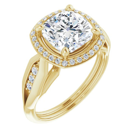 10K Yellow Gold Customizable Cathedral-raised Cushion Cut Design with Halo and Tri-Cluster Band Accents