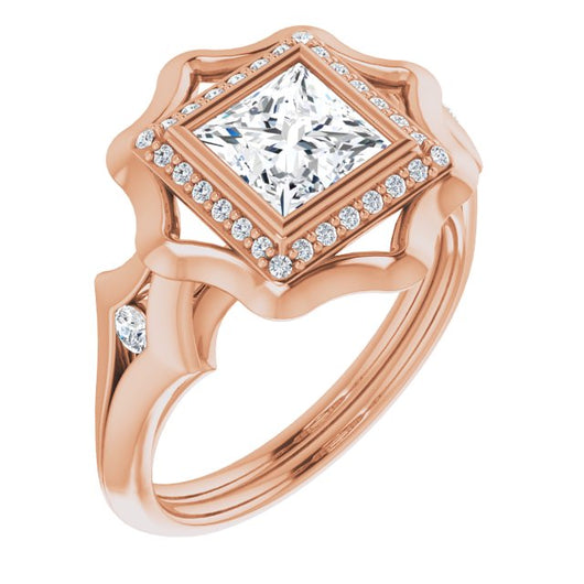 10K Rose Gold Customizable Bezel-set Princess/Square Cut with Halo & Oversized Floral Design