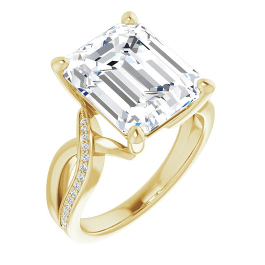 10K Yellow Gold Customizable Emerald/Radiant Cut Center with Curving Split-Band featuring One Shared Prong Leg