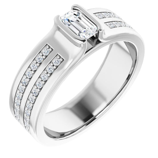 10K White Gold Customizable Bezel-set Emerald/Radiant Cut Design with Thick Band featuring Double-Row Shared Prong Accents