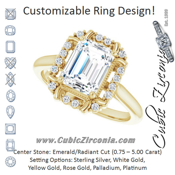 Cubic Zirconia Engagement Ring- The Sana (Customizable Emerald Cut Design with Majestic Crown Halo and Raised Illusion Setting)