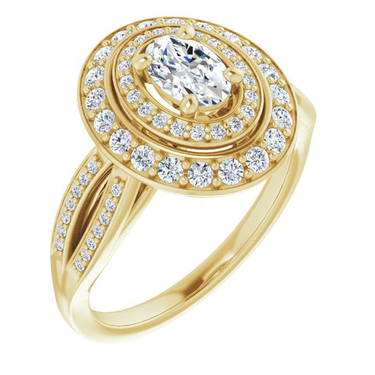 10K Yellow Gold Customizable Cathedral-style Oval Cut Design with Double Halo & Split-Pavé Band