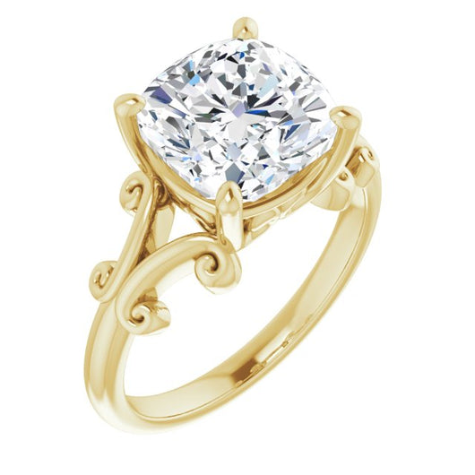 10K Yellow Gold Customizable Cushion Cut Solitaire with Band Flourish and Decorative Trellis